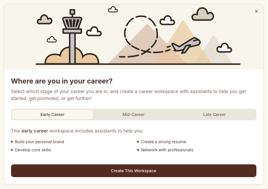 PathPilot career-stage workspace choices for early, mid, and late career