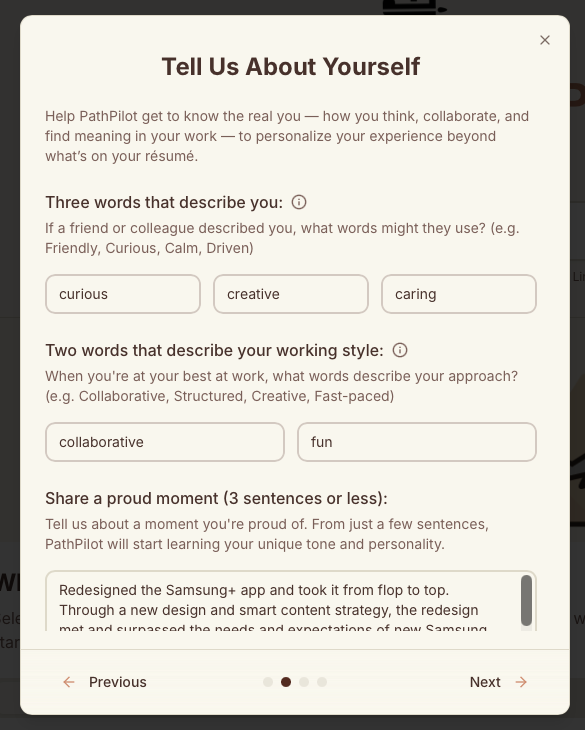 PathPilot welcome step asking for three words that describe you and two words for your working style