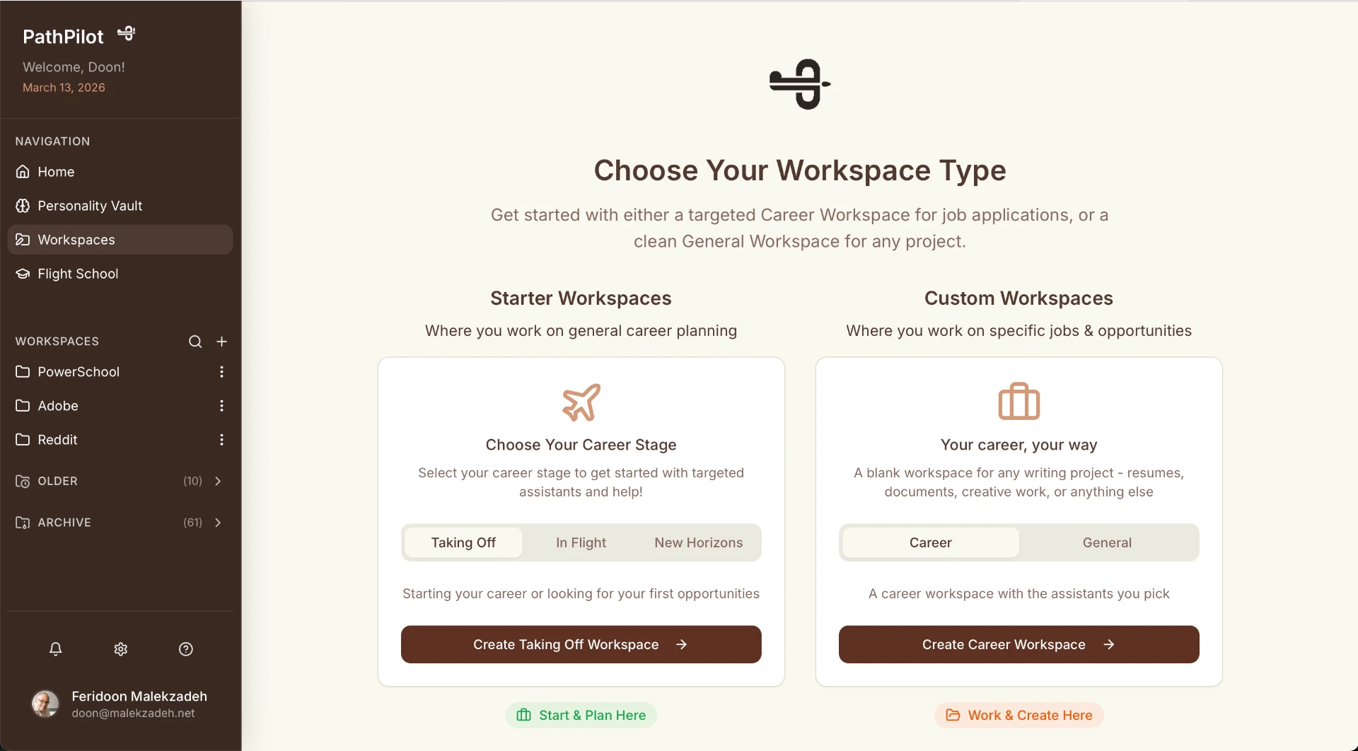 PathPilot workspaces organized around different career goals